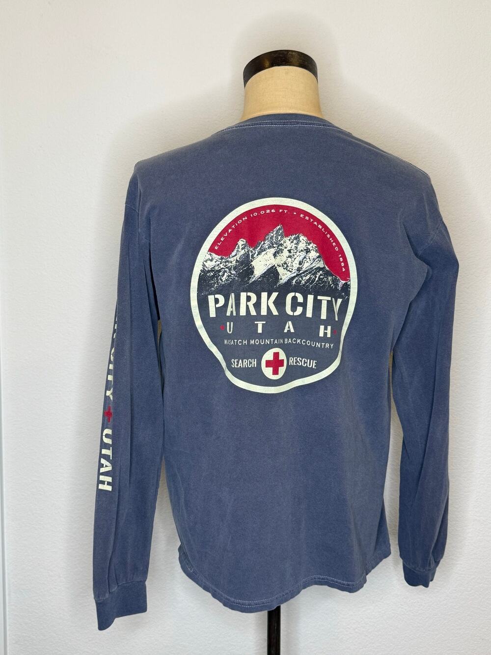Blue 84 Park City Utah Search+Rescue long sleeve blue/grey t shirt Unisex Size L